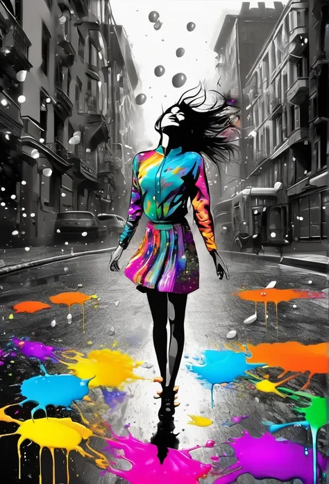 It generates a black and white caricature of a city where a girl is in the middle of the street and a few drops of paint of different colors fall from the sky, which splashes on her and falls on the street, the girl is with her arms extended looking toward...