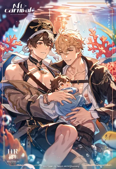 absurdres, highres, ultra detailed, HDR, master piece, best quality, Eiden, brown hair, expressive brown eyes, Nu Carnival, Quincy, blond messy hair, expressive orange eyes, two men together, sexy gay couple, holding a baby, handsome, black hat, fantasy bl...