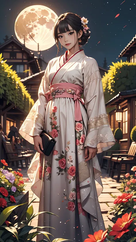 highest quality, expensive_solve, clear_image, Detailed Background ,girl, hanbok,flower,garden,moon, night,