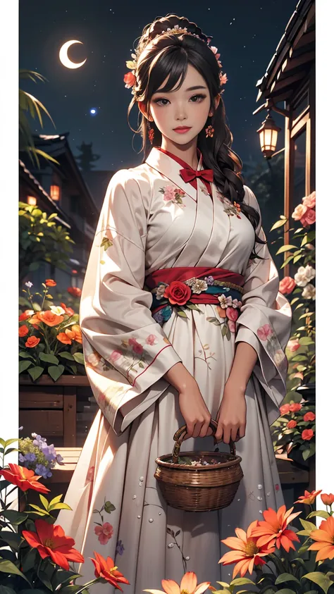 highest quality, expensive_solve, clear_image, Detailed Background ,girl, hanbok,flower,garden,moon, night,