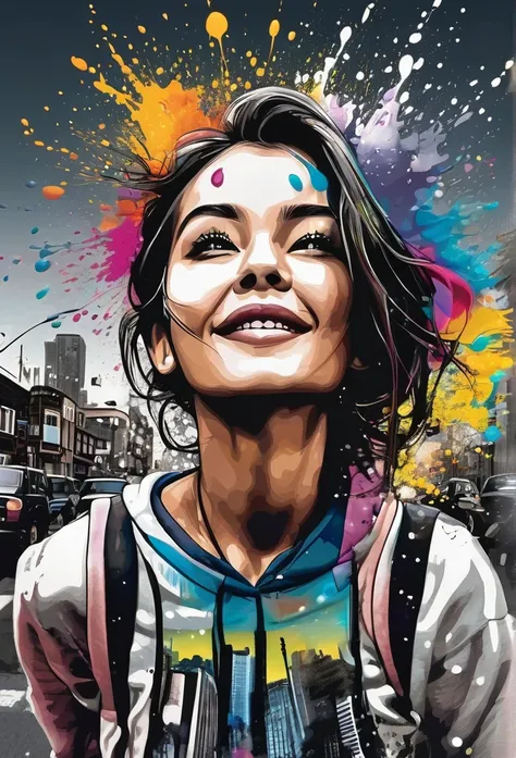 It generates a black and white caricature of a city where a girl is in the middle of the street and a few drops of paint of different colors fall from the sky, which splashes on her and falls on the street, the girl is with her arms extended looking toward...