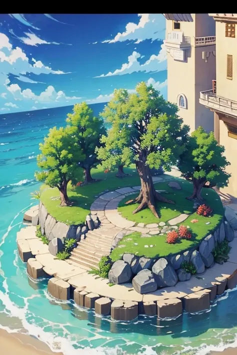 fantasy world, estilo isekai de anime, zona de comercio en la playa, estilo pixel art