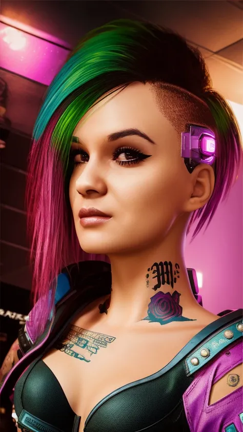 a close up of a woman with pink hair and piercings, cyberpunk vibe, cyberpunk look, cyberpunk vibes, cyberpunk style color, cyberpunk style, dreamy cyberpunk girl, in cyberpunk style, cyberpunk beautiful girl, cyberpunk girl, in cyber punk 2077, cyberpunk ...