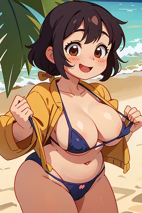 chubby Japanese girl , swim wear , (bare pubic hair) , Provocative smile , camel toe , a few undressing bottom swim suit , in the beach , erect nipple