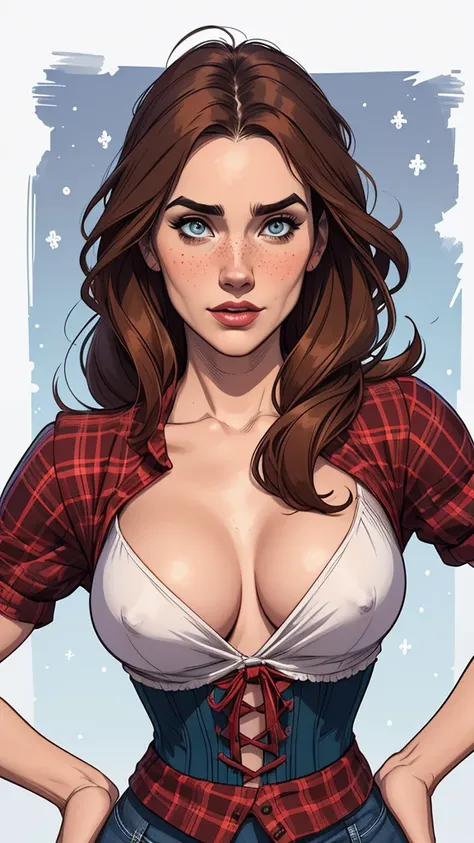 Character style illustration style Completely bare breasts showing a little fear Breast size Cartoon name: Isabella Cruz white background medium breasts freckled face Hermione Granger actress strong contours Physical description - long straight hair, tingi...