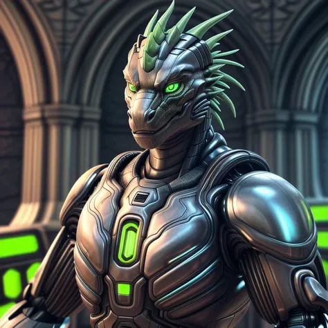 a male potrait of a cybernetic green dragon, power armor.(ultra realistic, highly detailed, octane render, unreal engine,UHD, retina, masterpiece, ccurate, anatomically correct, textured skin, super detail, high quality, best quality, highres, 16k)