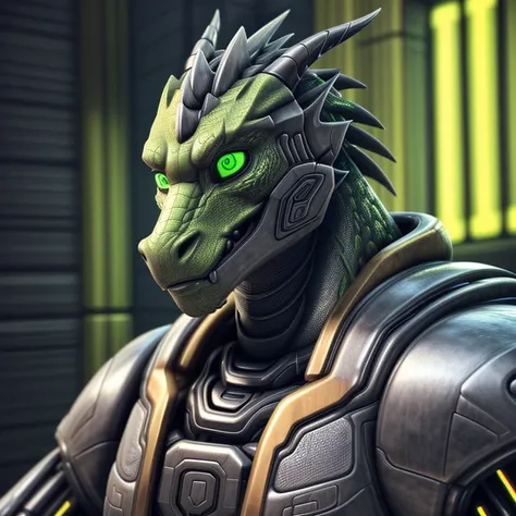 a male potrait of a cybernetic green dragon, power armor.(ultra realistic, highly detailed, octane render, unreal engine,UHD, retina, masterpiece, ccurate, anatomically correct, textured skin, super detail, high quality, best quality, highres, 16k)