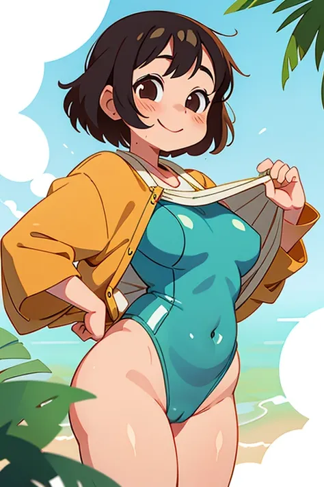 chubby Japanese girl , swim wear , (bare pubic hair) , Provocative smile , camel toe , a few undressing bottom swim wear , in the beach , moist crotch