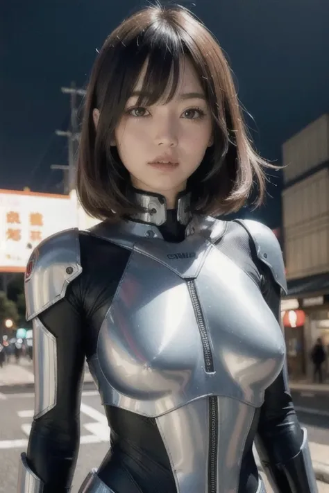 High resolution,Detailed Background, Cinema Lighting, Outdoor,Japan 1 girl,Cute fine face, Medium Hair, Mecha, Bodysuits,