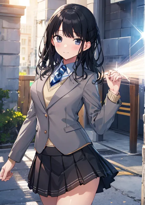   (Idol Master), (highest quality, 8k, masterpiece, Very detailed:1.2), (Lens flare, Particles of light, Shine), Big Breasts, smile, Open your mouth, masterpiece, highest quality, Very detailed, High resolution, Very detailedなCG, , Light blue tie, blazer, ...