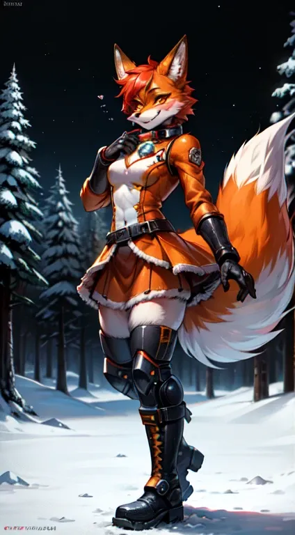 Alice, solo, 1 girl, animal ears, fox face, detailed muzzle, In detail, detailed eyes, Beautiful muzzle, color: red, orange, female focus, 1 fox tail, red tail of the best quality, exteriors, fur collar, orange skirt with fur trim, Joyful face, detailed ba...