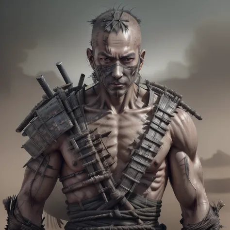 A human wit highly detailed man head,detailed collarbone, dusty and foggy, samurai,katana, dystopian, octane render,UHD, retina, masterpiece, ccurate, anatomically correct, textured skin, super detail, high quality, best quality, highres, 16k