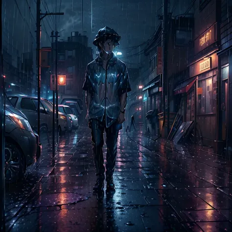 ((Night scene, Emotional atmosphere:1.0)), (Masterpiece, 4K Wallpaper:1.0), (Dramatic, rain-soaked landscape:1.5), Public phone booth undertheta rain, Reflection on the phones surface shows distorted image of the night sky, (High resolution, High contrast ...