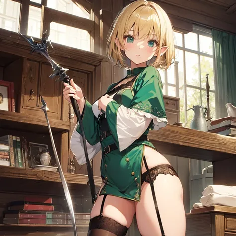 Short Hair、Blonde、Elf、Green Dress、garter belt、stockings、Rapier