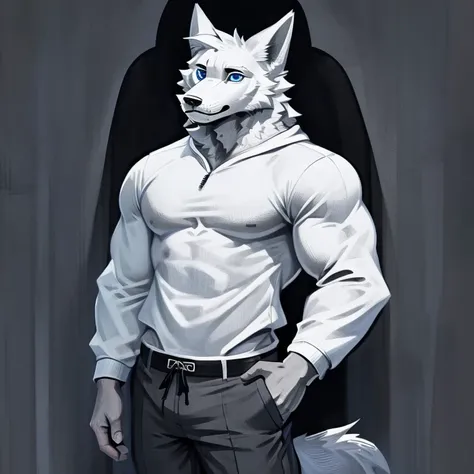 White and gray wolf illustration、Professional Technology、pelaje suave y esponjoso、gente masculina、sudadera gris con capucha 、Blue eyes、pantalones largos negros、normal physique、edad19、ojos pesados 、sin Ropa、Illustration of only the upper body from the waist...