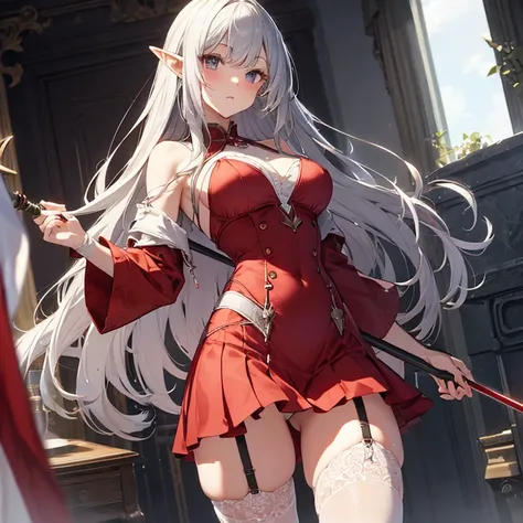 Long cut hair、Silver Hair、Elf、Sunburned skin、Red Dress、garter belt、stockings、Rapier