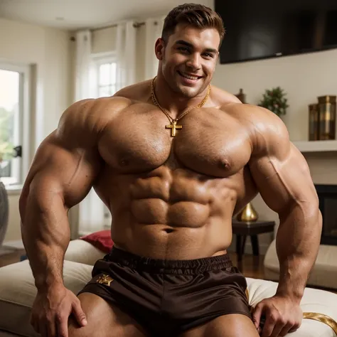 a very handsome, sweet and truly massive monster Caucasian bodybuilder is showing off his huge bicep muscles and meaty thighs. Smiling young adult. brown hair, powerfully muscled, massive shoulders and biceps. well-defined six pack. Exceptionally thick gol...