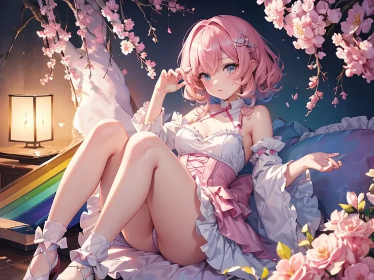 Character design sheet、About one girl、Super beautiful girl、ultra-detailed、(8k, RAW photo, best quality, masterpiece:1.2), (extremely detailed 8k wallpaper),professional lighting,sharp focus, depth of field、nfws,((Pink fluffy short bob、rainbow colored curl ...