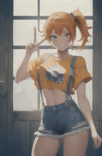 ((masterpiece,best quality)), absurdres,
Misty_Pokemon, yellow crop top, suspenders, side ponytail, orange hair, denim shorts,
solo, smiling, blushing, looking at viewer, cowboy shot,  peace sign,
cinematic composition, contrapposto,