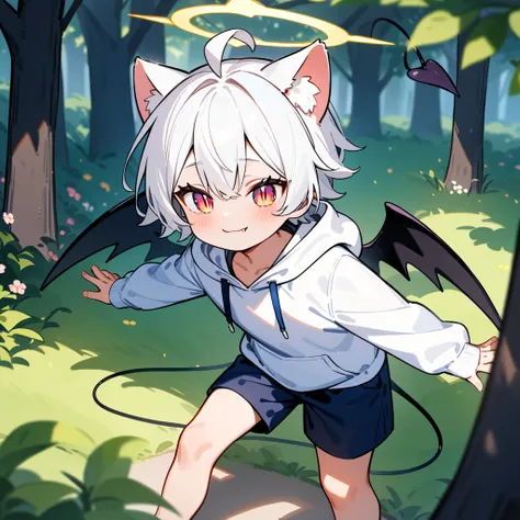 （masterpiece：1.2，high quality），8K，High resolution，A seven-year-old boy，cute boy，white hair，short hair，light red eyes，slit pupils， ahoge，cat ears，laughing，fang out，Halo，It has black wings on the back，Wearing a white hoodie，Dark blue shorts，Stand in the fore...