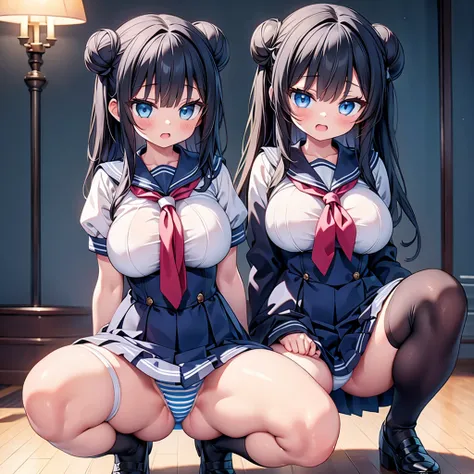 (cute eyes:1.2),highest quality,wonderful,finely,extremely detailed CG Unity 8K wallpaper,(2 Girls,Black Hair, Blue Eyes,double bun), (huge breasts), (squatting,open legs:1.2), (Sailor suit:1.1), (Light blue striped underwear:1.1),(open mouth:1.1),(zettai ...