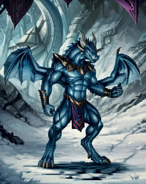 Dragon warrior,comic book style, illustration, solo, viking, light blue detailed scales, majestic horns, rough scales, plated scales, ferocious, male, [[proud pose]],, masterpiece, best art, armor, full body, digitigrade, by darkgem, spikes, snowy forest b...