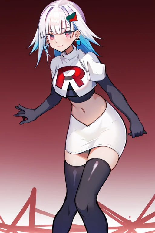 1 girl, alone ,hair covers one eye, hair ornaments ,earrings ,team rocket,team rocket uniform,white skirt,red letter R,crop top,black thigh-highs,black elbow gloves