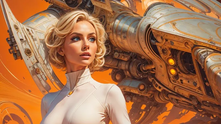 arafed image of a white woman in a futuristic suit with a spaceship in the background, movie art, in front of an orange background, inspired by Robert McGinnis, female protagonist, megastructure in the background, portrait of an ai astronaut, astronauts, a...