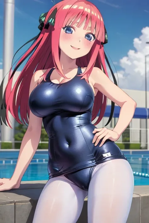 best quality, ultra-detailed masterpiece, anime art style, cute characters, nino nakano, one-piece swimsuit, large breasts, pantyhose, blush, smile