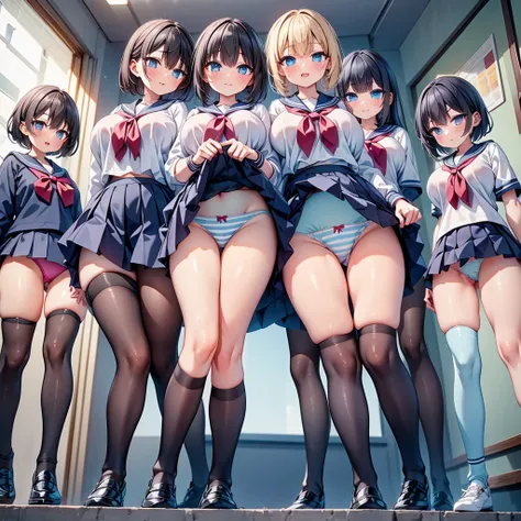 (cute eyes:1.2), (sparkling eyes:1.2),highest quality,wonderful,finely,extremely detailed CG Unity 8K wallpaper, (5 girls, Stand in line:1.3), (sailor uniform, clothed), (huge breasts), (open mouth:1.1), (long tongue:1.1), (mouth drool:1.1), (black stockin...