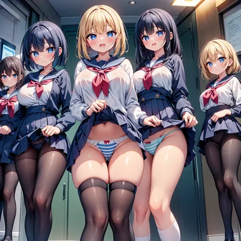 (cute eyes:1.2), (sparkling eyes:1.2),highest quality,wonderful,finely,extremely detailed CG Unity 8K wallpaper, (5 girls, Stand in line:1.3), (sailor uniform, clothed), (huge breasts), (open mouth:1.1), (long tongue:1.1), (mouth drool:1.1), (black stockin...