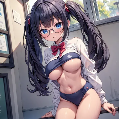 highest quality,wonderful,finely,extremely detailed CG unity 8k wallpaper,3 girls,(School Swimsuit),(Underboob: 1.3), Large Breasts,Beige School Cardigan, bow tie, Huge breasts, Black Hair, Glasses, Blue Eyes,Twin tails, highest quality,Super detailed,unit...