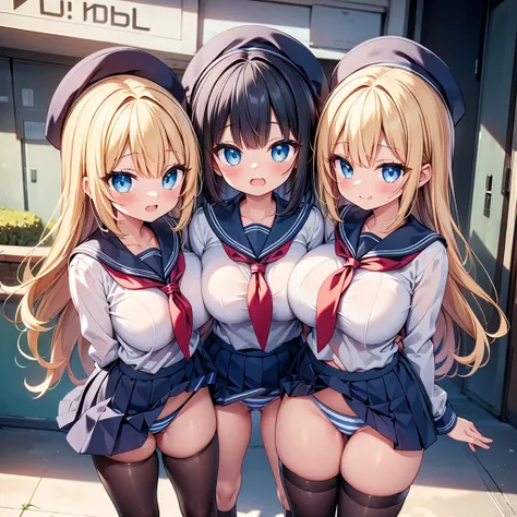 (cute eyes:1.2), (sparkling eyes:1.2),highest quality,wonderful,finely,extremely detailed CG Unity 8K wallpaper, (Stand in line:1.2), (3 girls, sailor uniform, clothed), (huge breasts), (open mouth:1.1), (long tongue:1.1), (mouth drool:1.1), (black stockin...