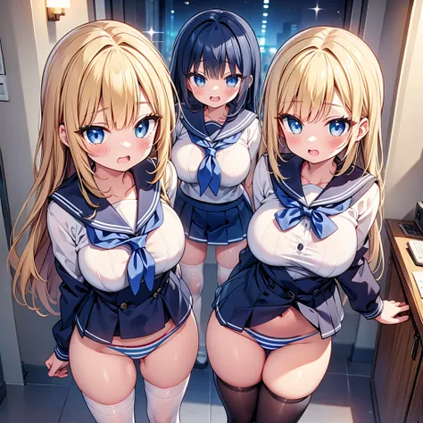 (cute eyes:1.2), (sparkling eyes:1.2),highest quality,wonderful,finely,extremely detailed CG Unity 8K wallpaper, (Stand in line:1.2), (3 girls, sailor uniform, clothed), (huge breasts), (open mouth:1.1), (long tongue:1.1), (mouth drool:1.1), (black stockin...