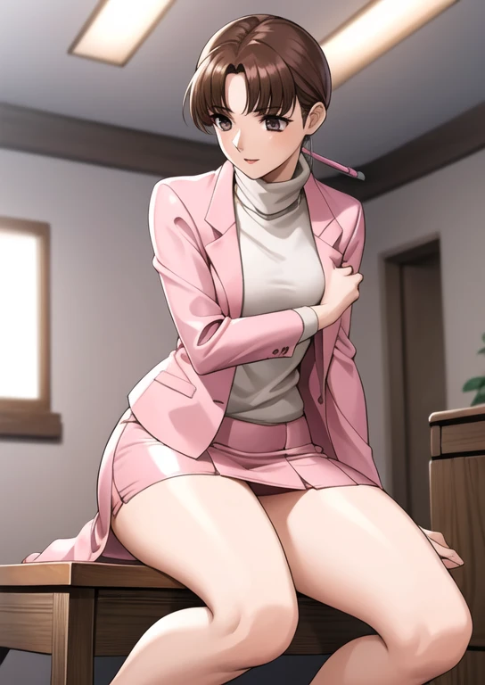 urotsukidoji researchgirl,
(alone:1.4),
one girl,brown hair, short hair, brown eye, sexy body,
(white long lab coat:1.4), (pink ...