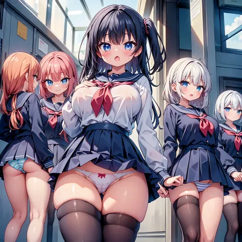 (cute eyes:1.2), (sparkling eyes:1.2),highest quality,wonderful,finely,extremely detailed CG Unity 8K wallpaper, (5 girls, Stand in line:1.3), (sailor uniform, clothed), (huge breasts), (open mouth:1.1), (long tongue:1.1), (mouth drool:1.1), (black stockin...