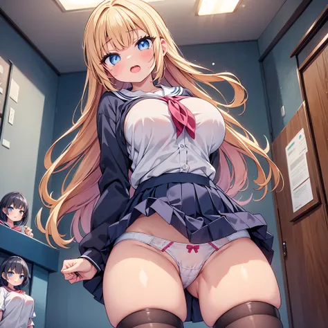 (cute eyes:1.2), (sparkling eyes:1.2),highest quality,wonderful,finely,extremely detailed CG Unity 8K wallpaper, (5 girls, Stand in line:1.3), (sailor uniform, clothed), (huge breasts), (open mouth:1.1), (long tongue:1.1), (mouth drool:1.1), (black stockin...