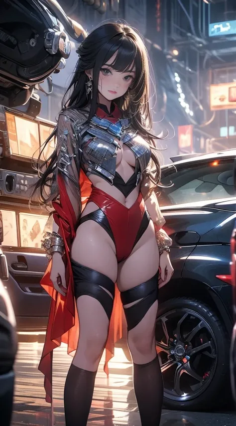 masterpiece,8k,chinese beauty girl,big breasts,red tieek,crying face、transparent clothes,very body fitting sparking sheer costume,super model proportion,full body:1.7,space station,