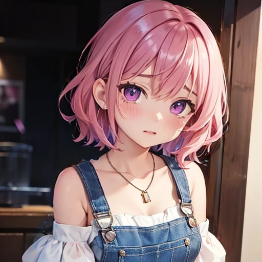 bust shot, woman, adult, pink hair, short-length hair, wavy hair, two purple eyes, a blue overalls, white off shoulder dress, necklace, medium breasts, crying bitterly