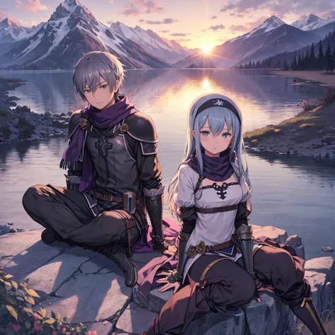 One girl, One boy, (highest quality, beruka, Gauntlet), armor, Purple scarf, Black gloves, pants, boots, wrap a bandana around your head, Sitting, in front, wood, Mountain, Beautiful landscape in the background, Soft sunset, A subtle reflection on the grou...