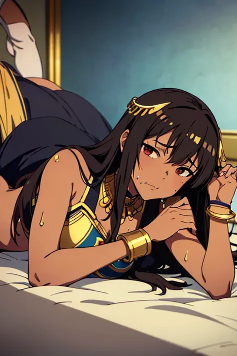 (best quality, masterpiece), brown skinned anime Cleopatra wearing a bow top and long skirt, famished in hunger, (gently resting hands on stomach), (sweating), (lying down), (long black hair), (hands on stomach), (pressing stomach with her fingers)