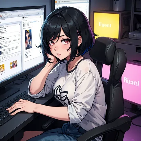 ((masterpiece, best quality)), anime girl,  casual clothing, short black hair, using computer, webcam recording, censored eyes, vibrant, colorful