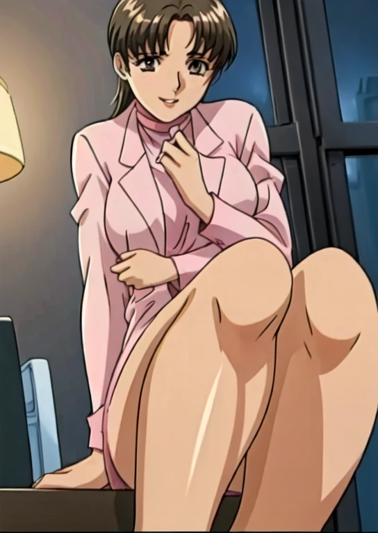 urotsukidoji researchgirl,
(alone:1.4),
One girl,Brown Hair, short hair, Brown Eye, Sexy Body,
(White long lab coat:1.4), (Pink turtleneck:1.4), (gray pencil skirt:1.4), barefoot, Bare thighs, (Parted bangs:1.4),
Relaxed facial expression, smile, Lips part...