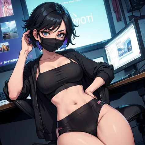 ((masterpiece, best quality)), anime girl, skimpy casual clothing, short black hair, using computer, webcam, vibrant, colorful, black cloth mask