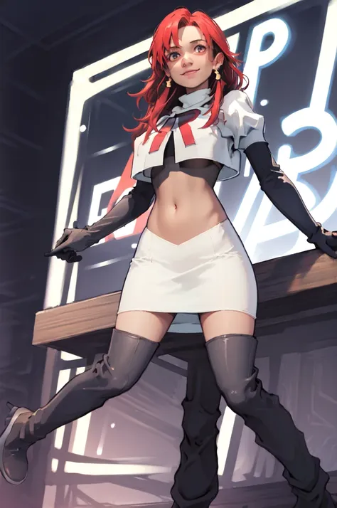 masterpiece, best quality, defhapi, team rocket, team rocket uniform, red letter r, white skirt,white crop top,black thigh-high ...