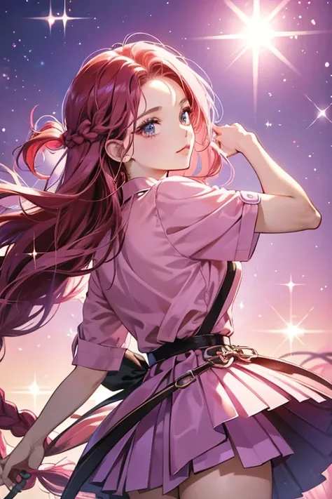 She has red braided hair and wears a pink shirt and a purple skirt. SPARKLE; GLITTER