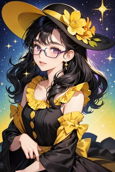 She is a yellow She wears a hat with a flower on it, and a dress. with black curly hair that has curlers over her antenna. She wears a dark purple dress and yellow-rimmed glasses. SPARKLE; GLITTER