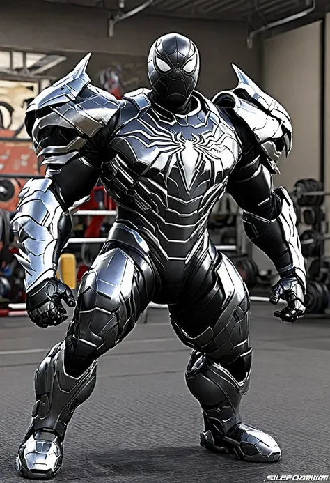 spiderman with Black spiderman, very sturdy, mecha suit, silver dragon armor. gym as background
