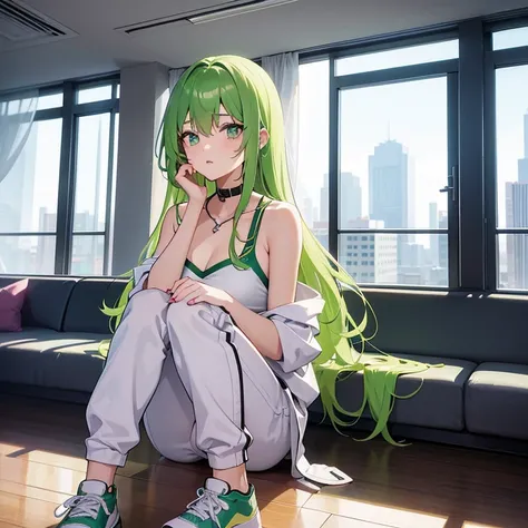 Anime images of a 19-year-old woman who is standing in the living room on the fifth floor of a building while the day is reflected in the windows (Full Shot). She is 169 cm tall, has long light green hair, her eyes are neon pink, she has an enthusiastic ex...