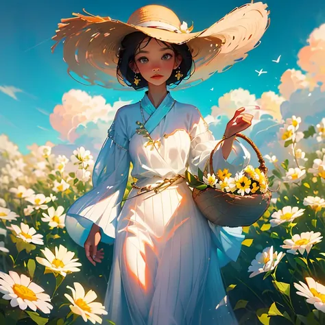 In this tranquil scene, there lies a woven basket with a sun-kissed straw hat resting atop it. The sky above is filled with soft, ethereal clouds and an atmospheric haze. Floating gracefully amidst the gentle breeze are golden leaves and chrysanthemums, ad...